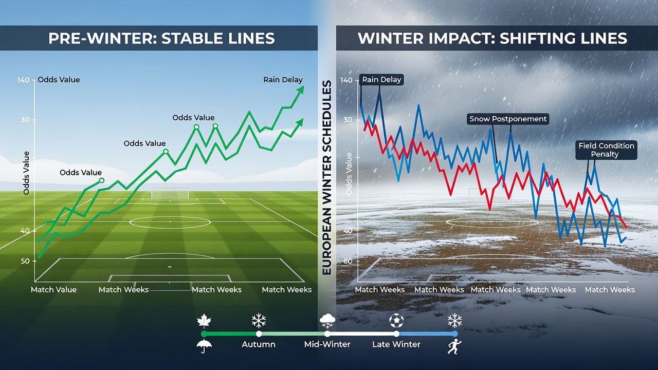 Betting market display screen showing live football odds adjustments alongside weather icons for rain and temperature